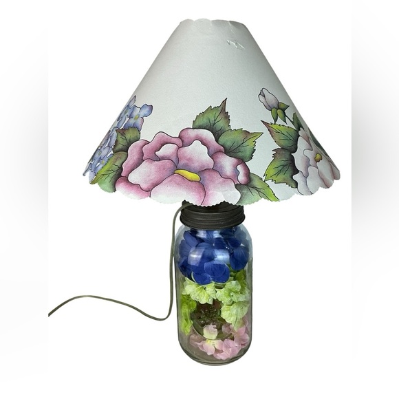 Vintage Mason Jar Lamp Hydrangea Floral Hand Crafted  21” with  Lamp Shade 1999 - Picture 11 of 16